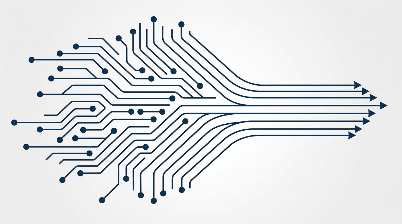 Many fragmented inputs converging into a small number of clear, forward-moving outcomes